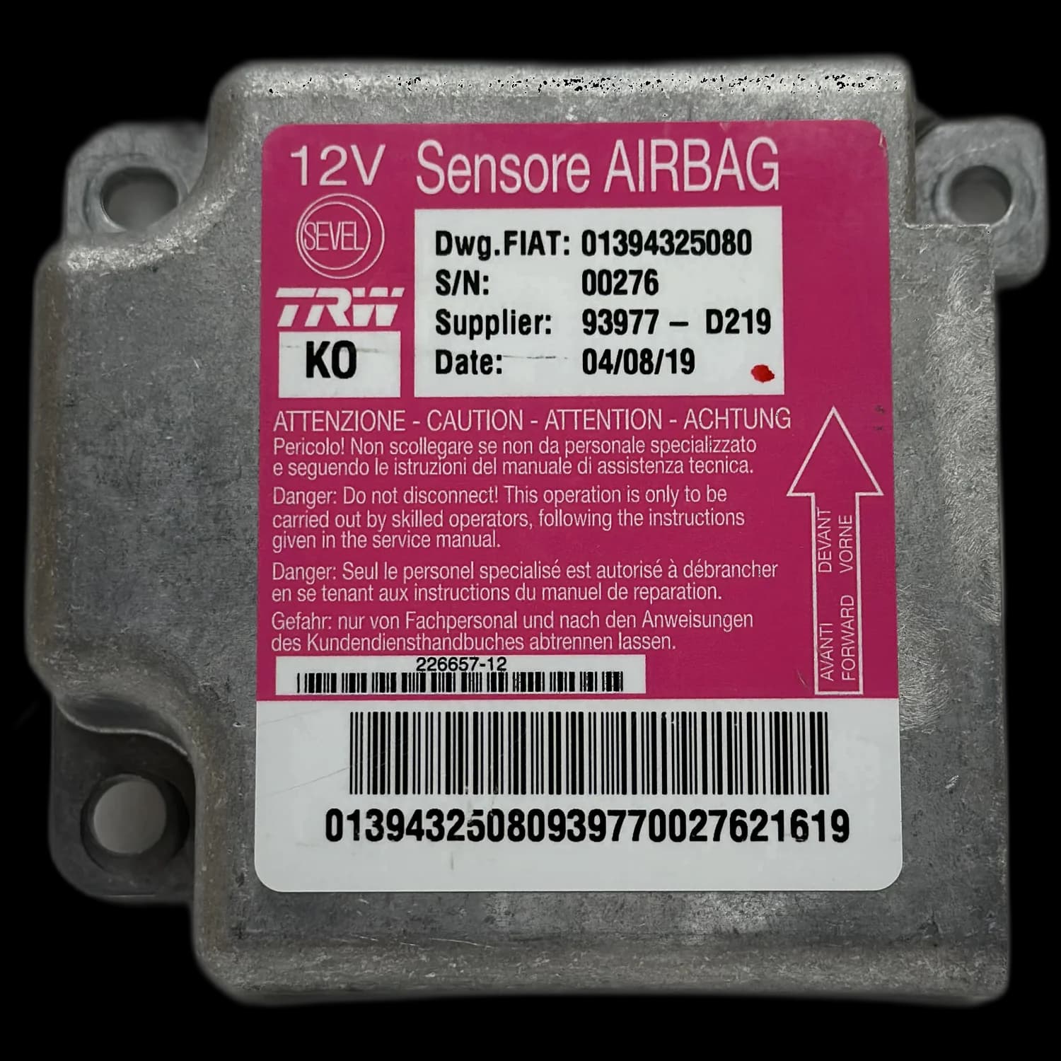 Airbag control unit 01394325080, Label