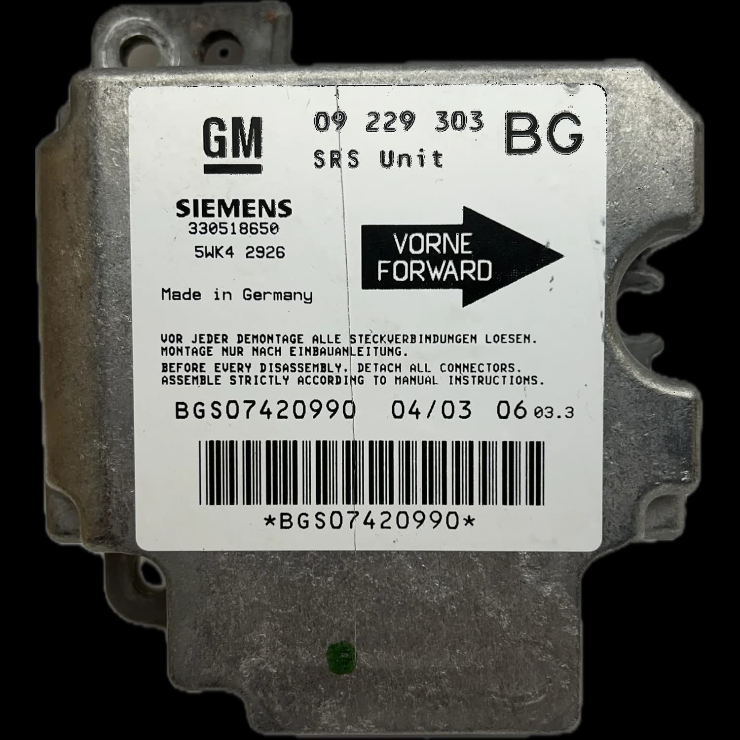 Airbag control unit 09 229 303 BG, Label