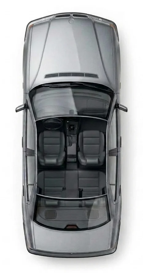 Top view of the vehicle without the roof, the seat with the seat occupancy mat is marked in red