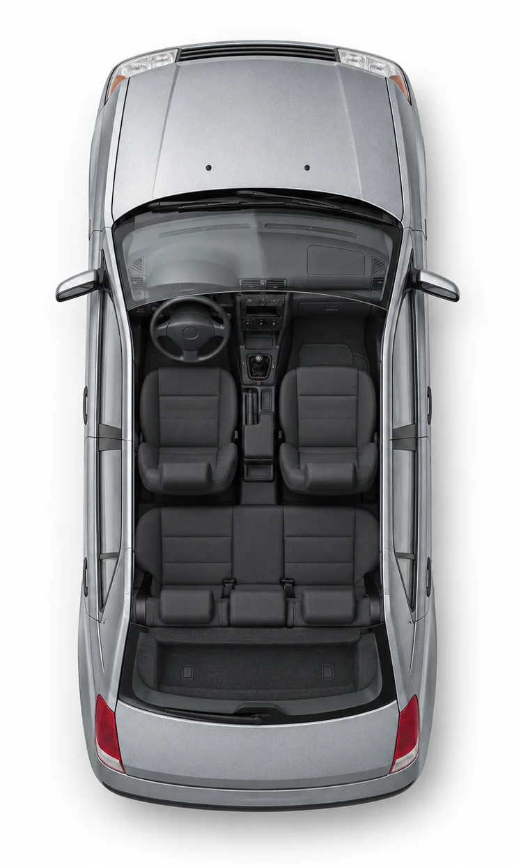 Top view of the vehicle without the roof, the seat with the seat occupancy mat is marked in red