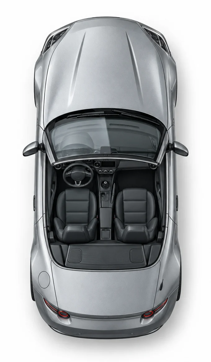 Top view of the vehicle without the roof, the seat with the seat occupancy mat is marked in red