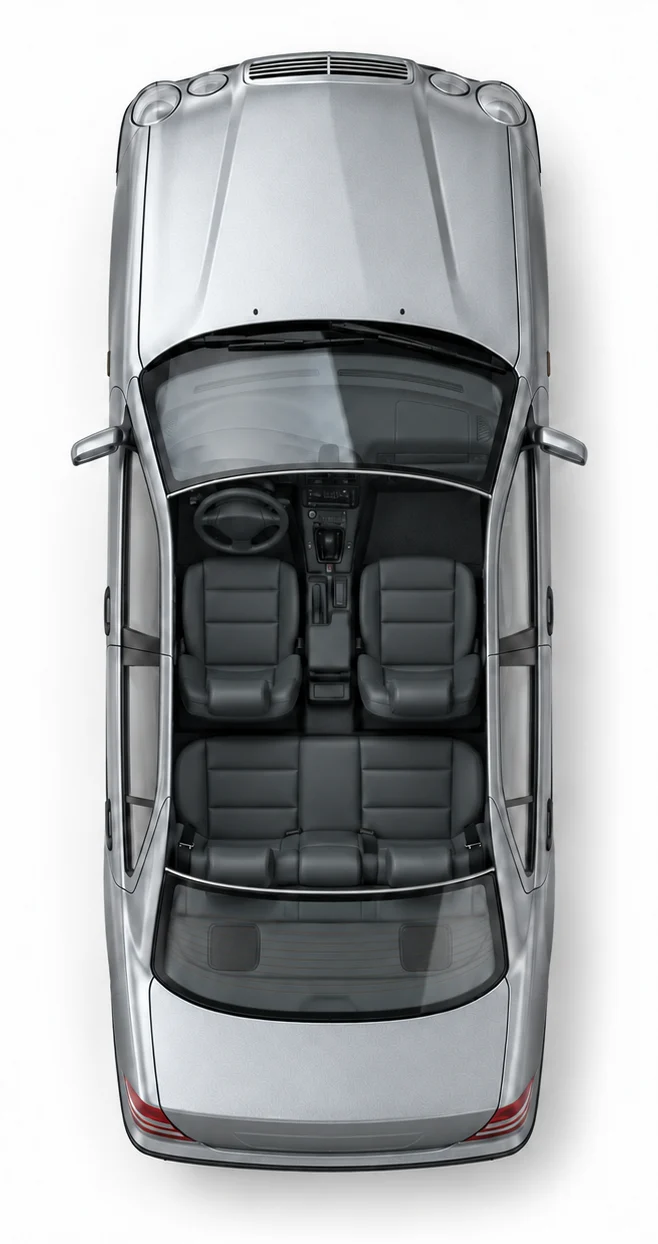 Top view of the vehicle without the roof, the seat with the seat occupancy mat is marked in red