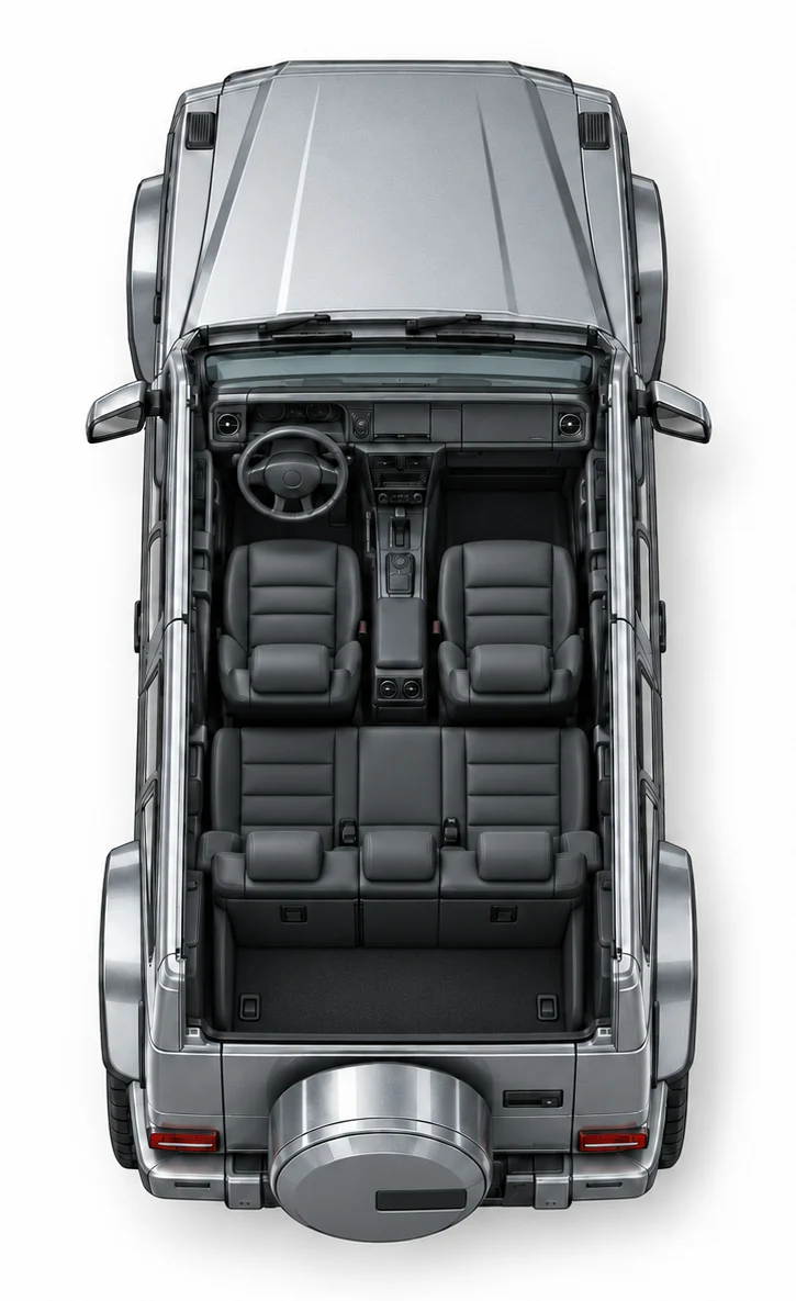 Top view of the vehicle without the roof, the seat with the seat occupancy mat is marked in red