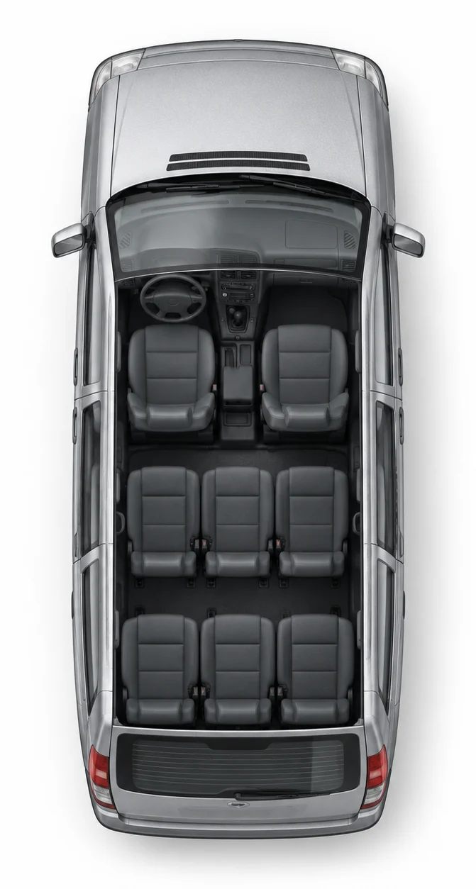 Top view of the vehicle without the roof, the seat with the seat occupancy mat is marked in red